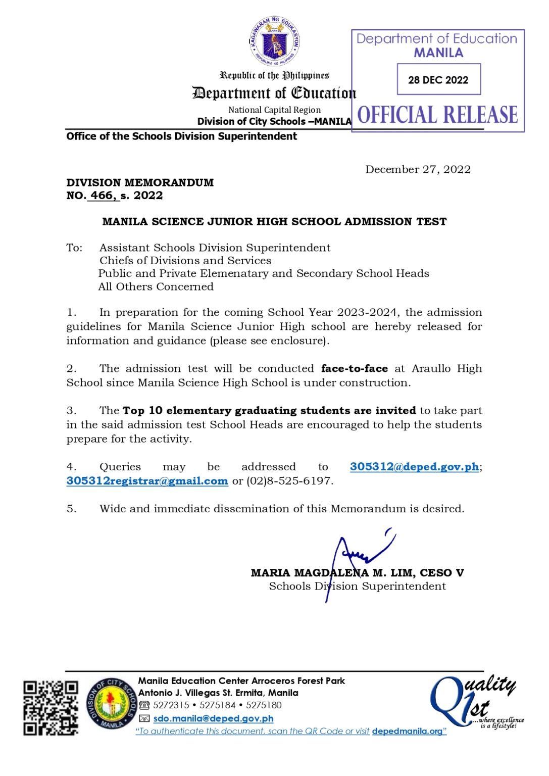 Manila Science High School Admission Test Guidelines for SY 2023-2024 ...